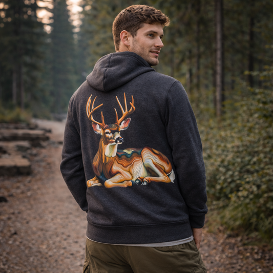 Timberline Buck Zip Hoodie – Nature Inspired Deer Graphic Hoodie | Unisex Outdoor Fleece Hoodie | Rivynn Wilderness Apparel