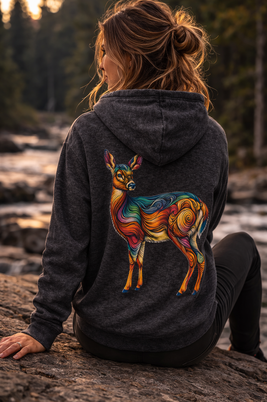 Timberline Doe Zip Hoodie – Nature Inspired Deer Graphic Hoodie | Unisex Outdoor Fleece Hoodie | Rivynn Wilderness Apparel