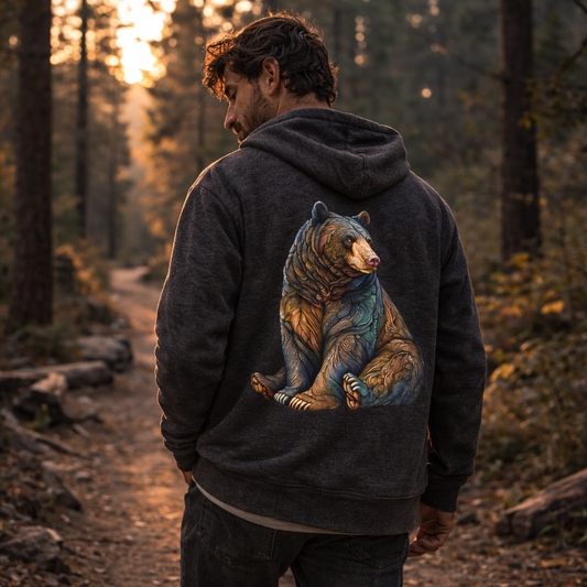 Timberline Bear Zip Hoodie – Nature Inspired Bear Graphic Hoodie | Unisex Outdoor Fleece Hoodie | Rivynn Wilderness Apparel