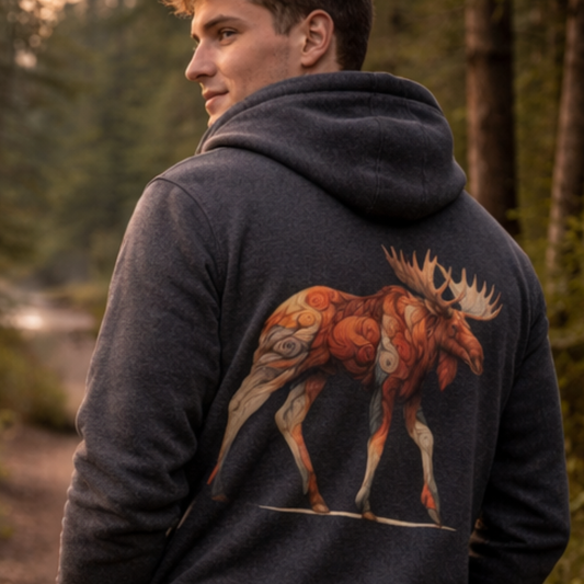 Timberline Moose Zip Hoodie – Nature Inspired Moose Graphic Hoodie | Unisex Outdoor Fleece Hoodie | Rivynn Wilderness Apparel